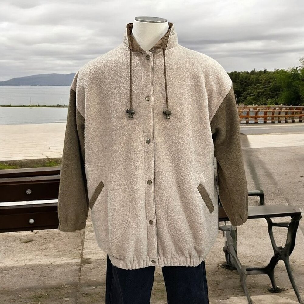 Ladies Sherpa Fleece Jacket L Tan‎ And Olive Oversized Snap Button Coat
